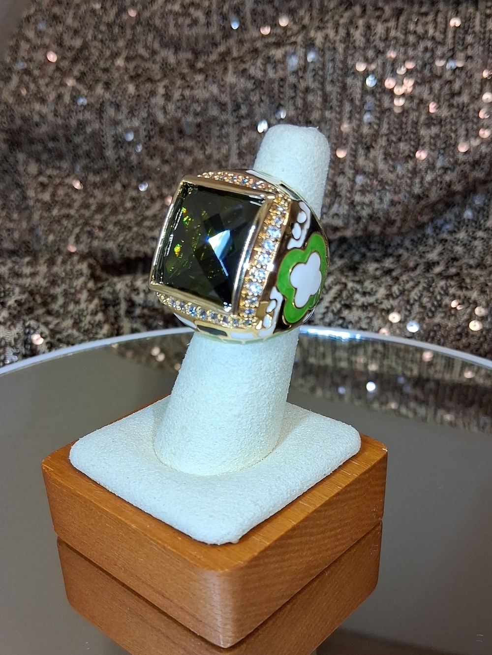 Gold-tone Enamel Statement Ring with Faceted Olive Green Crystal Center Stone